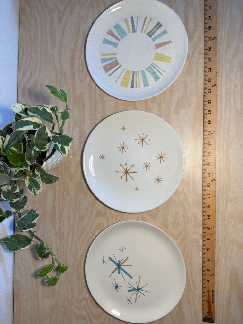 Trio of mid mod starburst designs dinner plates
